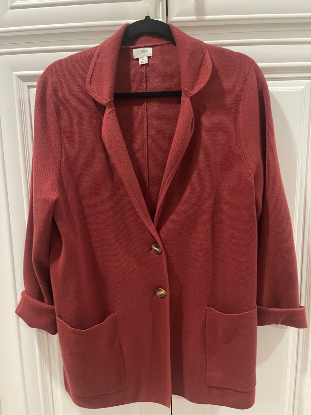 J. Crew Factory Rust Red Knit open front Blazer Jacket Cardigan two button sz M - Picture 5 of 10